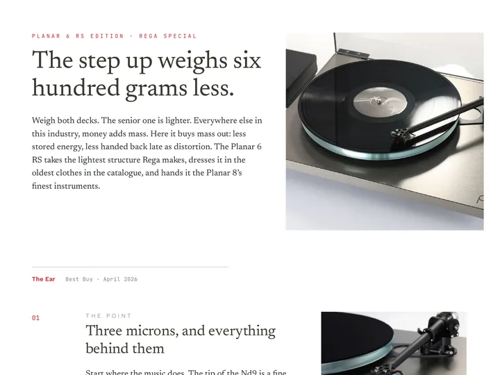 Top of the Rega Planar 6 RS landing page: the headline “The step up weighs six hundred grams less.” beside a turntable on a white page.